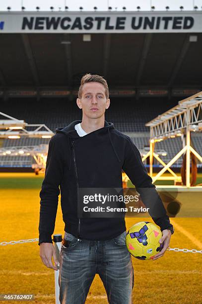 New Signing Luuk de Jong poses for photographs pitchside at St.James' Park on January 29 in Newcastle upon Tyne, England.