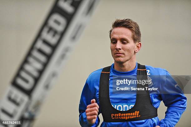 New Signing Luuk de Jong runs whilst undertaking a beep test during his medical at the Newcastle United Training Centree on January 29 in Newcastle...