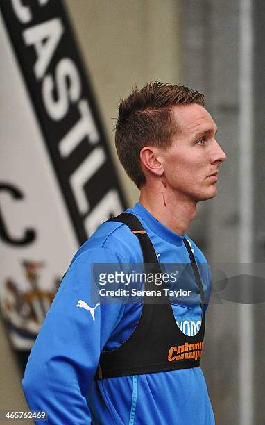 New Signing Luuk de Jong rests whilst undertaking a beep test during his medical at the Newcastle United Training Centre on January 29 in Newcastle...