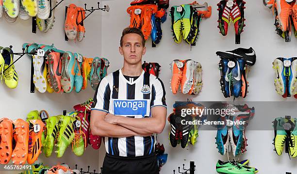 New Signing Luuk de Jong poses for photographs in the boot room at the Newcastle United Training Centre on January 29 in Newcastle upon Tyne, England.