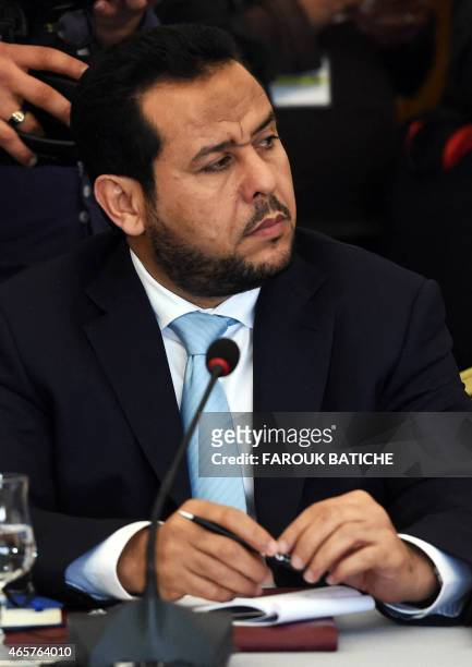 The former president of the Libyan military council Abdelhakim Belhadj attends talks with representatives of Libyan political leaders and activists...