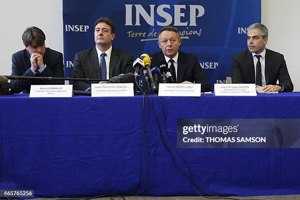 French Sports minister Thierry Braillard gives a press conference next to Kevinn Rabaud , French Boxing national technical director, Insep general...