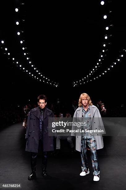 Derek Zoolander and Hansel walk the runway at the Valentino Fashion Show during Paris Fashion Week at Espace Ephemere Tuileries on March 10, 2015 in...