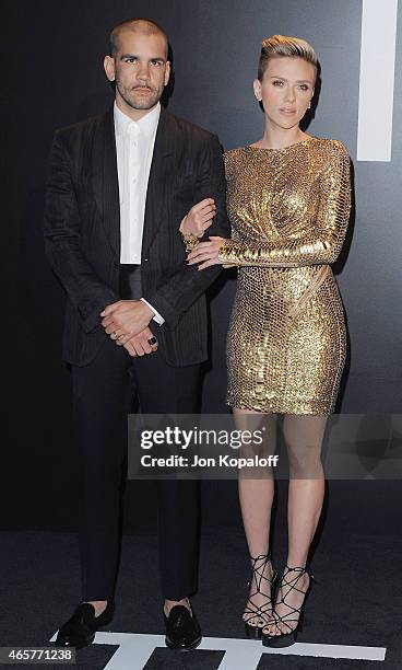 Actress Scarlett Johansson and husband Romain Dauriac arrive at Tom Ford Autumn/Winter 2015 Womenswear Collection Presentation at Milk Studios on...