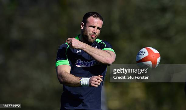 Wales centre Jamie Roberts in action during Wales open training ahead ahead of saturday's RBS Six Nations match against Ireland at the Vale Hotel on...