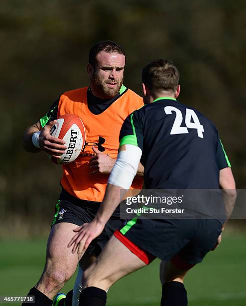 Wales centre Jamie Roberts in action during Wales open training ahead ahead of saturday's RBS Six Nations match against Ireland at the Vale Hotel on...