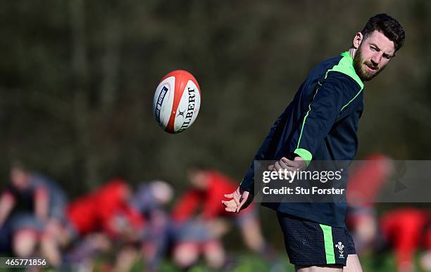 Wales winger Alex Cuthbert in action during Wales open training ahead ahead of saturday's RBS Six Nations match against Ireland at the Vale Hotel on...