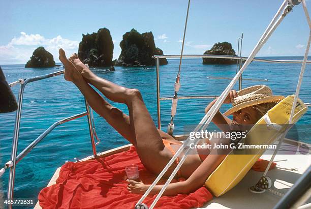 Swimsuit Issue 1980: Model Christie Brinkley poses for the 1980 Sports Illustrated Swimsuit issue on November 23, 1979 in Tortola, US Virgin Islands....