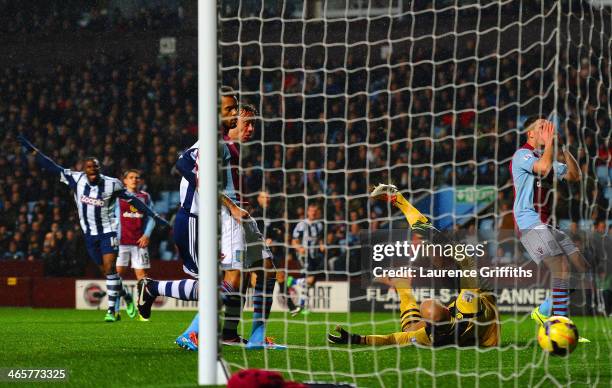 West Brom go 2-0 up as Fabian Delph of Aston Villa scores an own goal during the Barclays Premier League match between Aston Villa and West Bromwich...