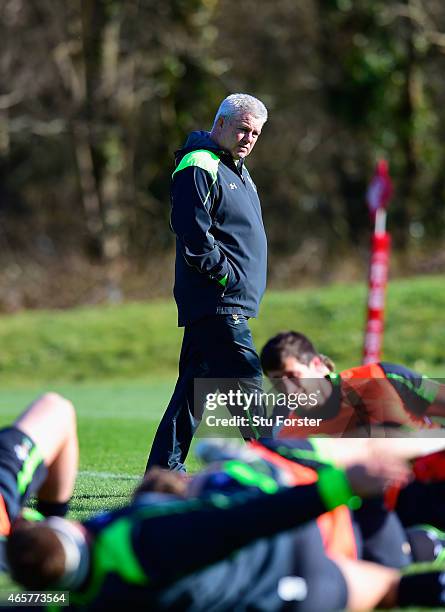 Wales coach Warren Gatland looks on during Wales open training ahead ahead of saturday's RBS Six Nations match against Ireland at the Vale Hotel on...