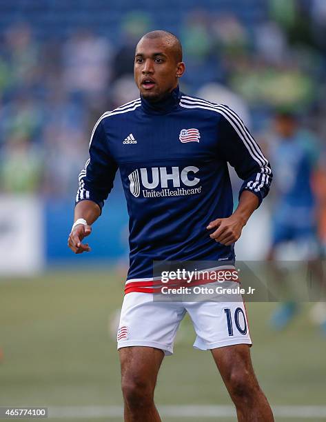 Teal Bunbury of the New England Revolution warms up prior to the match against the Seattle Sounders FC at CenturyLink Field on March 8, 2015 in...