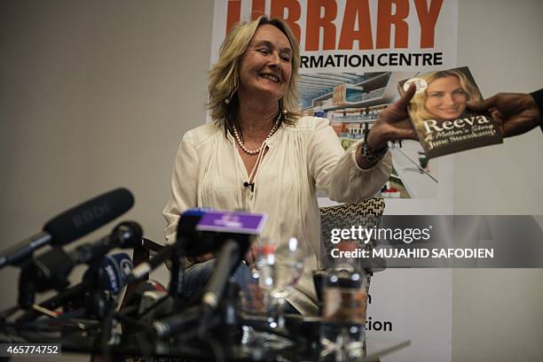 June Steenkamp, Reeva Steenkamp's mother, gives a press conference ahead of a discussion on her book "Reeva, a Mother's story" released last year, on...