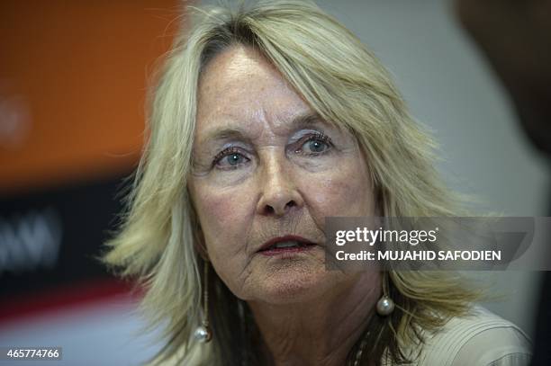 June Steenkamp, Reeva Steenkamp's mother, gives a press conference ahead of a discussion on her book "Reeva, a Mother's story" released last year, on...