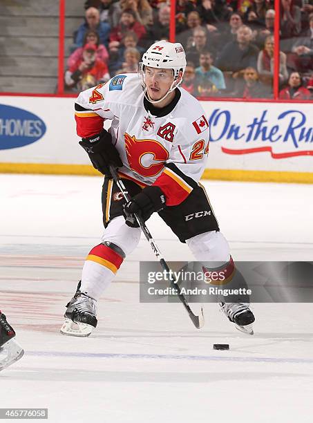 Jiri Hudler of the Calgary Flames skates against the Ottawa Senators at Canadian Tire Centre on March 8, 2015 in Ottawa, Ontario, Canada.