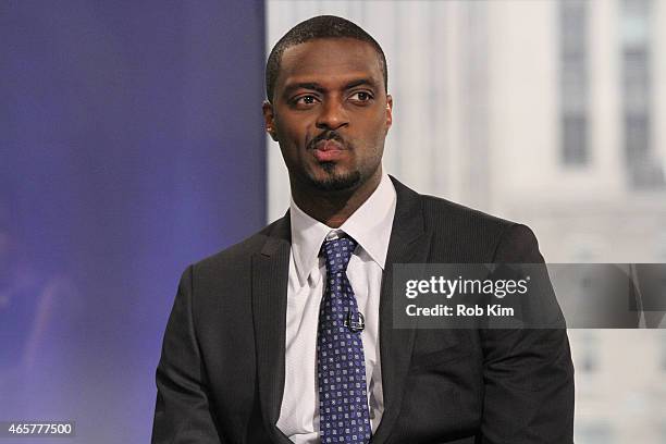 Football player Plaxico Burress visits "Opening Bell With Maria Bartiromo" on the FOX Business Network at FOX Studios on March 10, 2015 in New York...