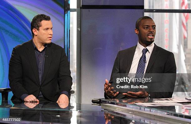Football player Plaxico Burress and penny stock expert Timothy Sykes visit "Opening Bell With Maria Bartiromo" on the FOX Business Network at FOX...