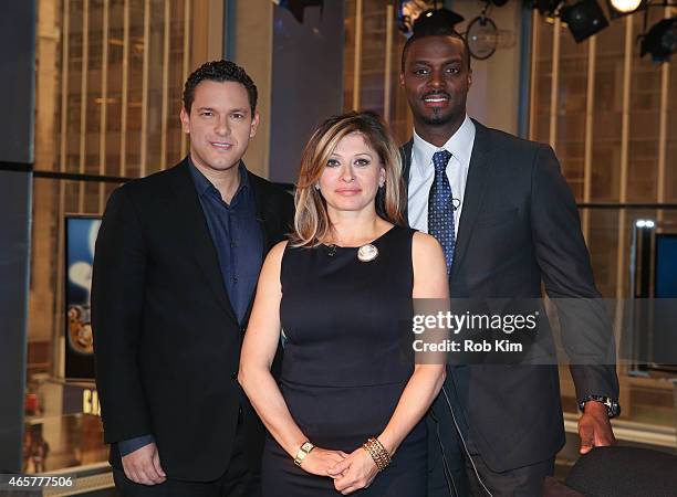 Host Maria Bartiromo with football player Plaxico Burress and penny stock expert Timothy Sykes appear on "Opening Bell With Maria Bartiromo" on the...