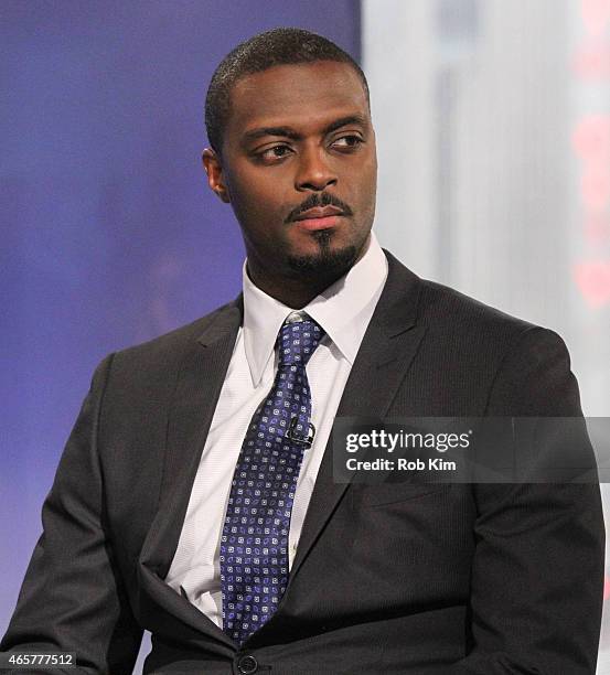 Football player Plaxico Burress visits "Opening Bell With Maria Bartiromo" on the FOX Business Network at FOX Studios on March 10, 2015 in New York...