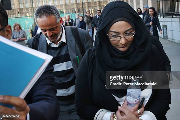 Sahima Begum , sister of Shamima Begum leaves Parliament with Abase Hussein father of Amira Abase after attending the Home Affairs Select Committee...