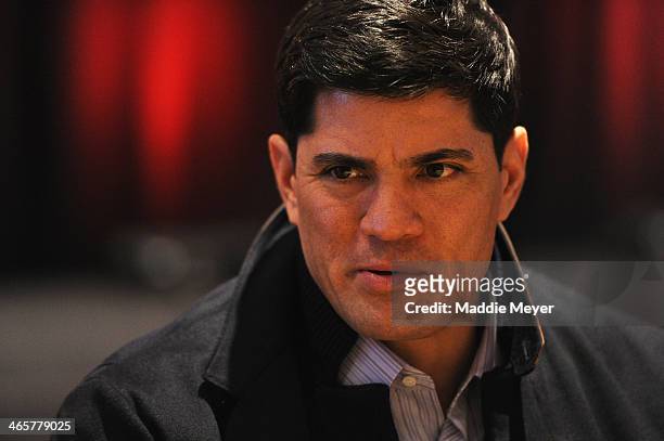 Tedy Bruschi, former NFL player, and current ESPN analyst, talks with reporters during the ESPN media availablility in the Empire West Ballroom, at...