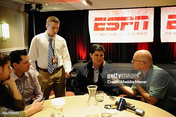 Tedy Bruschi, former NFL player, and current ESPN analyst, talks with reporters during the ESPN media availablility in the Empire West Ballroom, at...