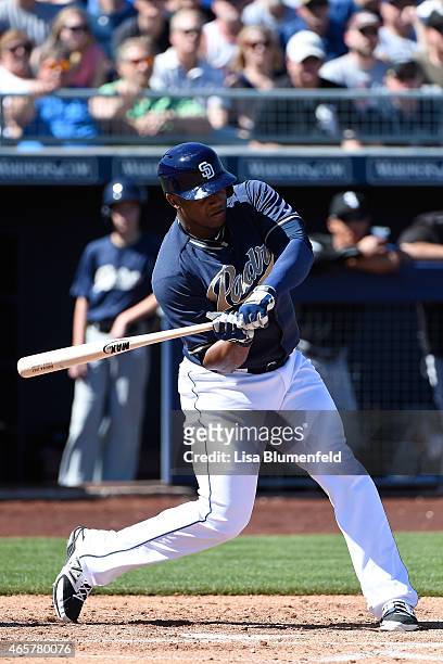 Rymer Liriano of the San Diego Padres bats against the Chicago White Sox at Peoria Stadium on March 6, 2015 in Peoria, Arizona.