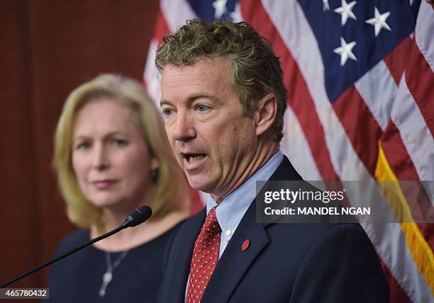 Senator Rand Paul, R-KY, speaks during a press conference with Kirsten Gillibrand , D-NY, to announce a new medical marijuana bill at the US Capitol...