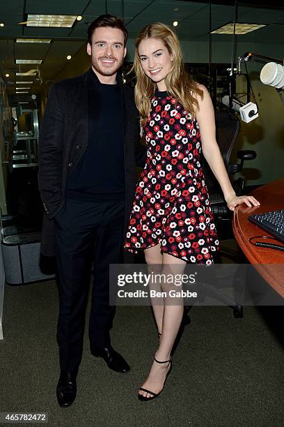 Actor Richard Madden and actress Lily James visit at SiriusXM Studios on March 10, 2015 in New York City.