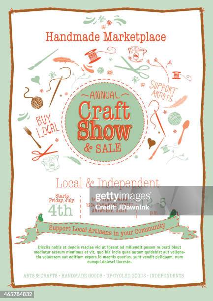 ilustraciones, imágenes clip art, dibujos animados e iconos de stock de programa anual de artesanías venta cartel invitación orange y verdes - exhibir