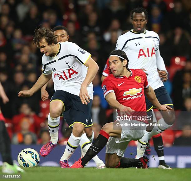 Radamel Falcao of Manchester United U21s in action with Grant Ward of Tottenham Hotspur U21s during the Barclays U21 Premier League match between...
