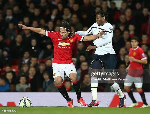 Radamel Falcao of Manchester United U21s in action with Bongani Khumalo of Tottenham Hotspur U21s during the Barclays U21 Premier League match...