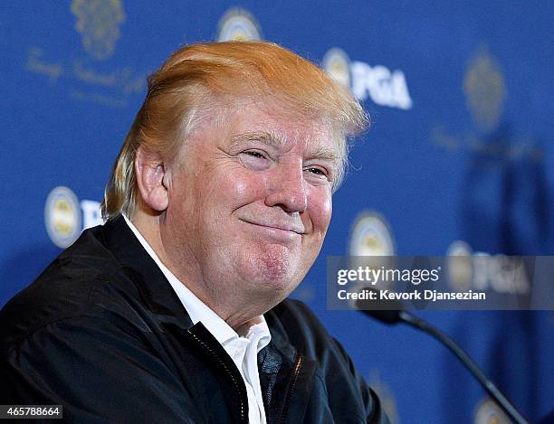 Donald Trump attends a press conference to announce the PGA Grand Slam of Golf site at Trump National Golf Club Los Angeles March 10, 2015 in Palos...