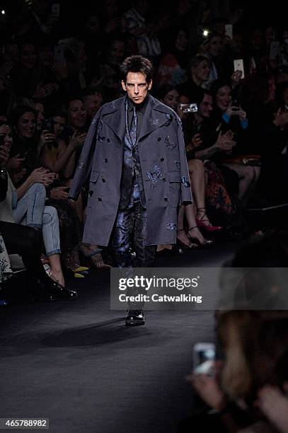 Zoolander star Ben Stiller walks the runway at the Valentino Autumn Winter 2015 fashion show during Paris Fashion Week on March 10, 2015 in Paris,...