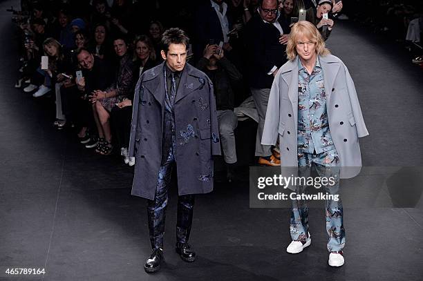Zoolander stars Ben Stiller and Owen Wilson walk the runway at the Valentino Autumn Winter 2015 fashion show during Paris Fashion Week on March 10,...