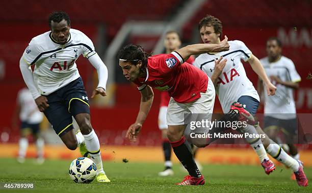 Radamel Falcao of Manchester United U21s in action with Bongani Khumalo and Grant Ward of Tottenham Hotspur U21s during the Barclays U21 Premier...