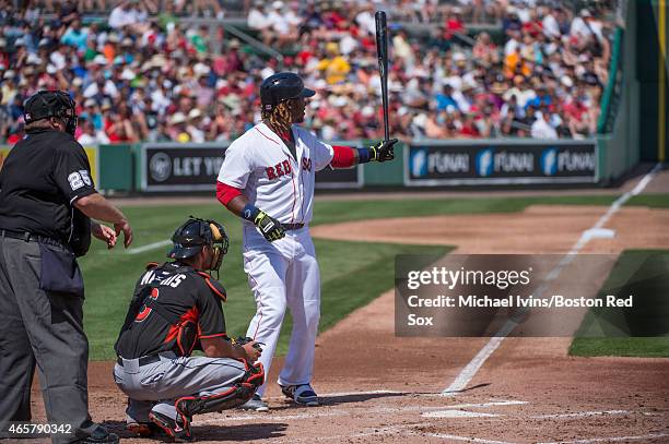 Hanley Ramirez of the Boston Red Sox steps into the batters box during a Grapefruit League game against the Miami Marlins at jetBlue Park in Fort...