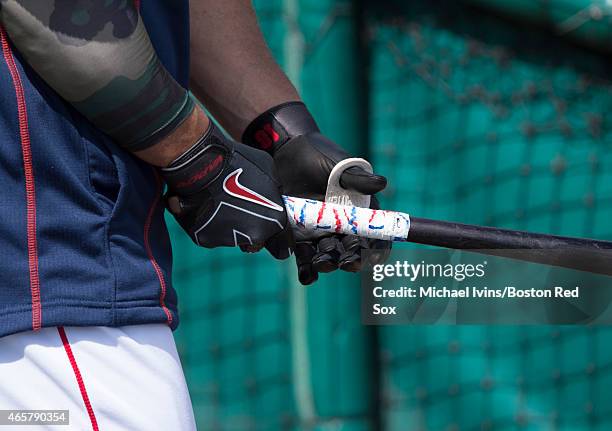 Shane Victorino of the Boston Red Sox tests his grip before taking batting pratice at jetBlue Park in Fort Myers, Florida on March 6, 2015.