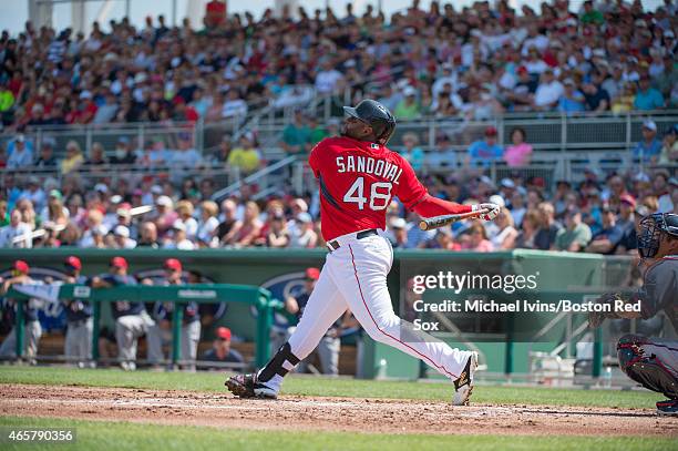 Pablo Sandoval of the Boston Red Sox bats against the Minnesota Twins at jetBlue Park in Fort Myers, Florida on March 7, 2015.