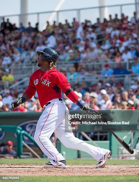 Hanley Ramirez of the Boston Red Sox bats against the Minnesota Twins at jetBlue Park in Fort Myers, Florida on March 7, 2015.