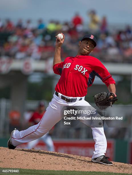 Anthony Varvaro of the Boston Red Sox pitches during the fifth inning of a Grapefruit League game against the Minnesota Twins at jetBlue Park in Fort...