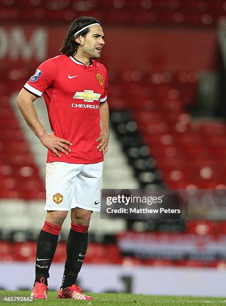 Radamel Falcao of Manchester United U21s reacts to being substituted during the Barclays U21 Premier League match between Manchester United and...