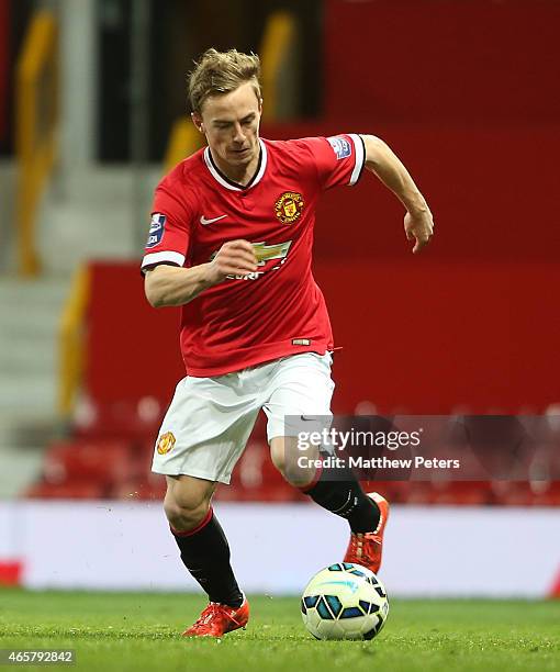 Andy Kellett of Manchester United U21s in action during the Barclays U21 Premier League match between Manchester United and Tottenham Hotspur at Old...