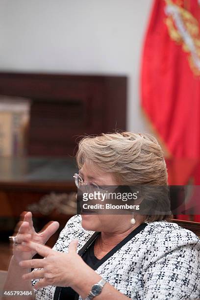 Michelle Bachelet, president of Chile, speaks during an interview in Santiago, Chile, on Tuesday, March 10, 2015. Wages in Chile are rising by the...