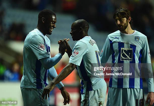 Frank Nouble of Coventry City celebrates his goal during the Sky Bet League One match between Coventry City and Bradford City at Ricoh Arena on March...