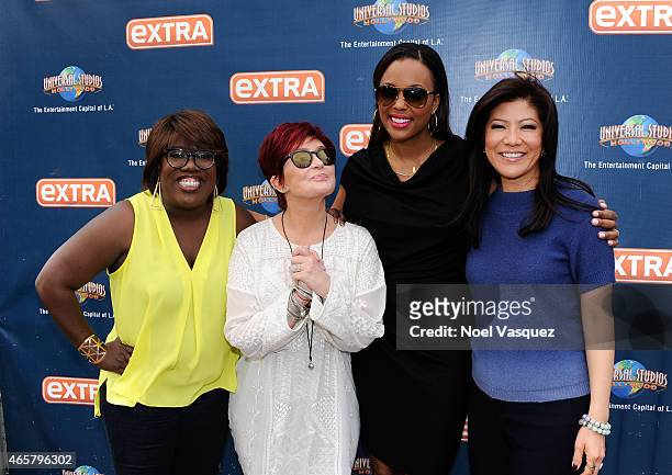 Sheryl Underwood, Sharon Osbourne, Aisha Tyler and Julie Chen of "The Talk" visit "Extra" at Universal Studios Hollywood on March 10, 2015 in...