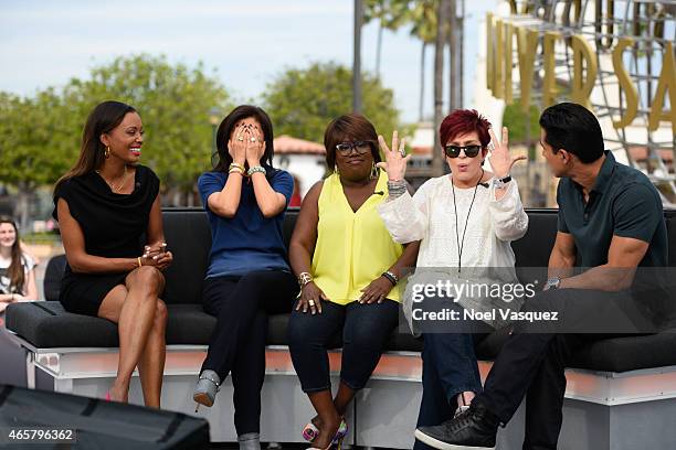 Aisha Tyler, Julie Chen, Sheryl Underwood, Sharon Osbourne and Mario Lopez visit "Extra" at Universal Studios Hollywood on March 10, 2015 in...