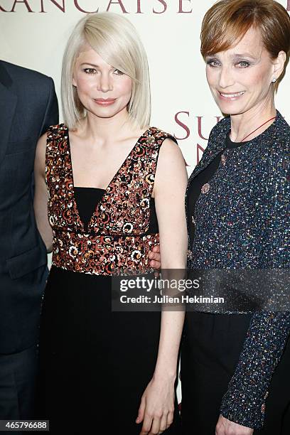 Michelle Williams and Kristin Scott Thomas attend 'Suite Francaise' Premiere at Cinema UGC Normandie on March 10, 2015 in Paris, France.