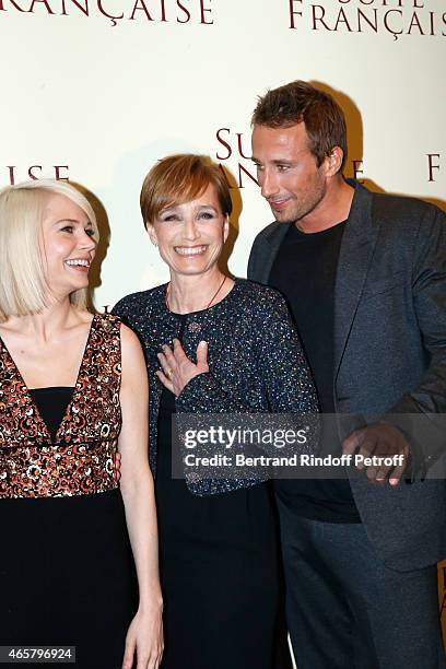 Michelle Williams, Kristin Scott Thomas and Matthias Schoenaerts attend the world premiere of "Suite Francaise" at Cinema UGC Normandie on March 10,...