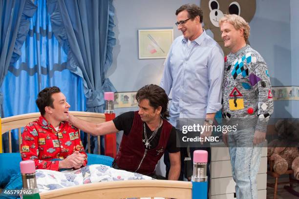 Episode 962 -- Pictured: Host Jay Leno with former ?Full House? cast members John Stamos, Bob Saget and Dave Coulier make an appearance on ?Late...