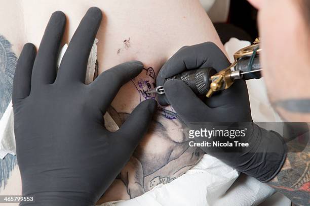a tattoo artist doing a tattoo on someones back - lion tattoo stock-fotos und bilder